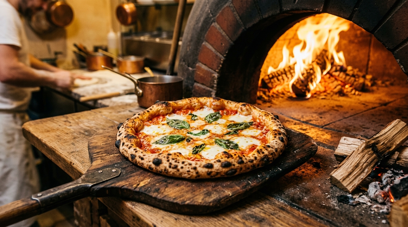 Authentic Neapolitan Pizza in live wood-fired oven