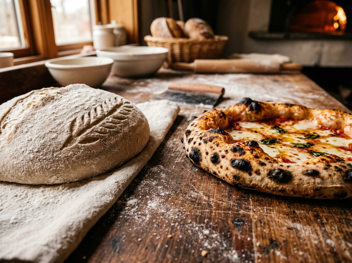 Handcrafted sourdough dough and blistered crust